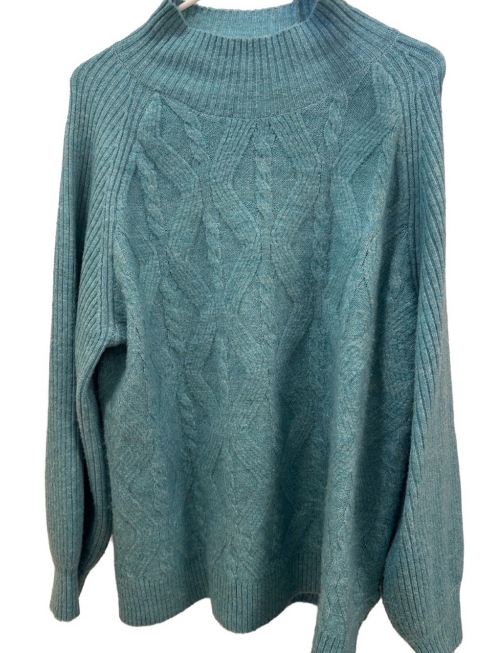 ⁠Tribal Teal Cable Knit Mock Neck Sweater XL Blue Aura Vintage Wash Heavy Soft⁠